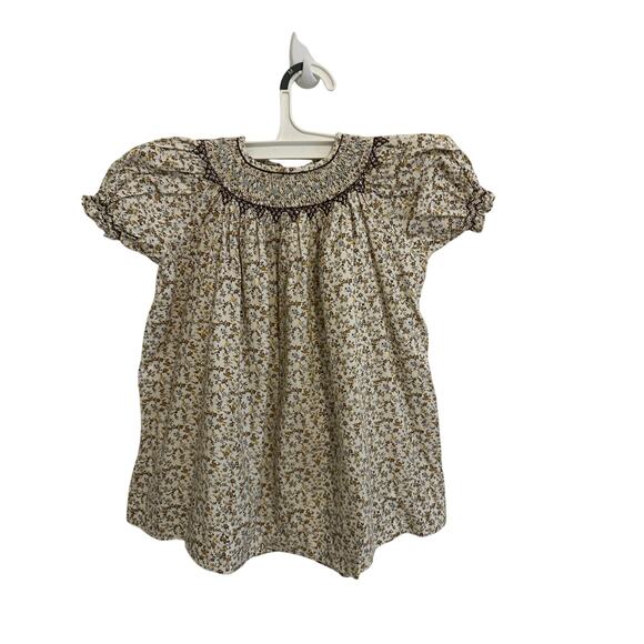 The Plantation Shop Girls 1T Brown Blue Yellow Floral Short Sleeve Smocked Dress - Picture 4 of 9